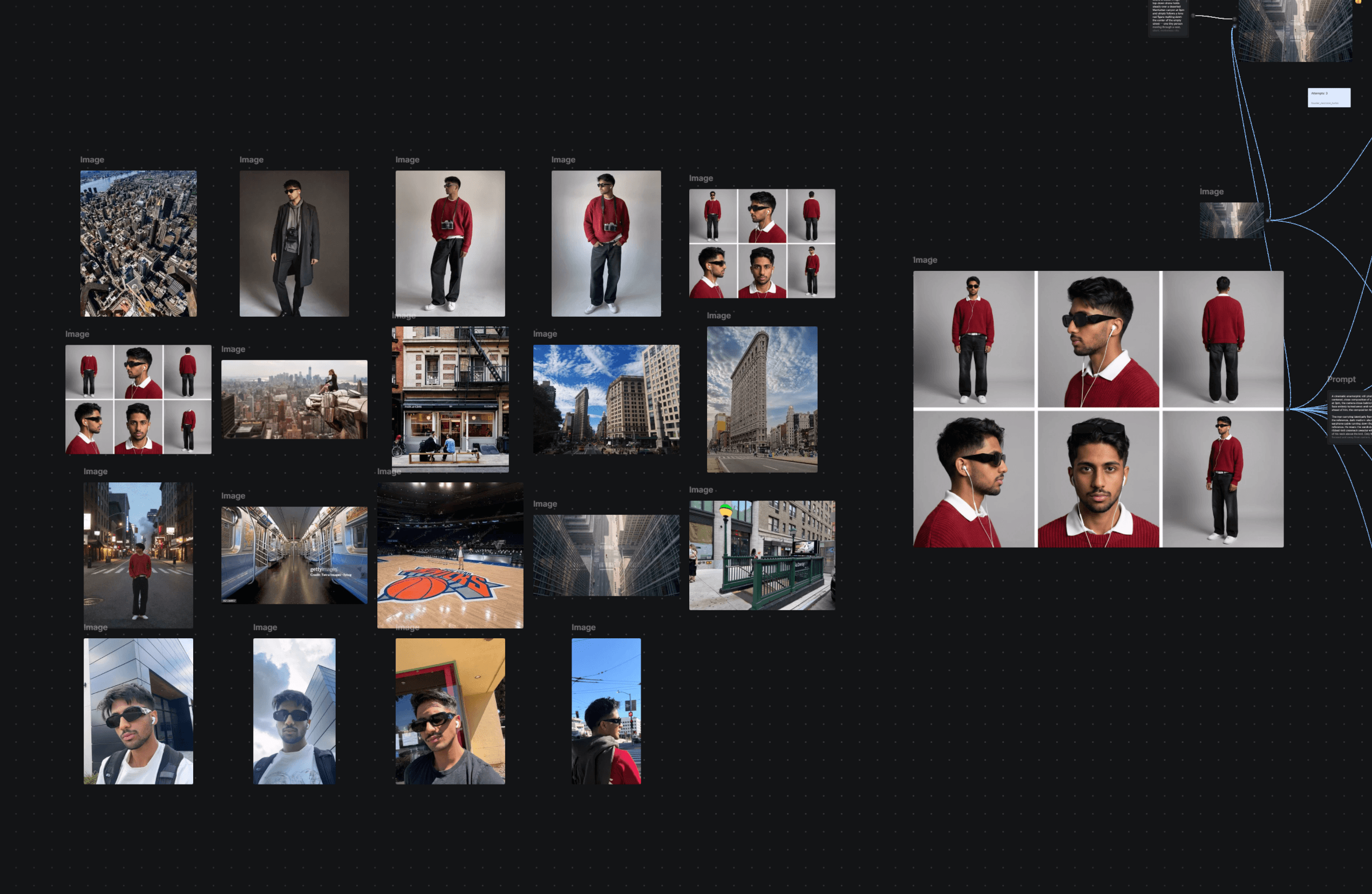 The full Higgsfield canvas: location references, the character sheet, and generated stills feeding into the shot list