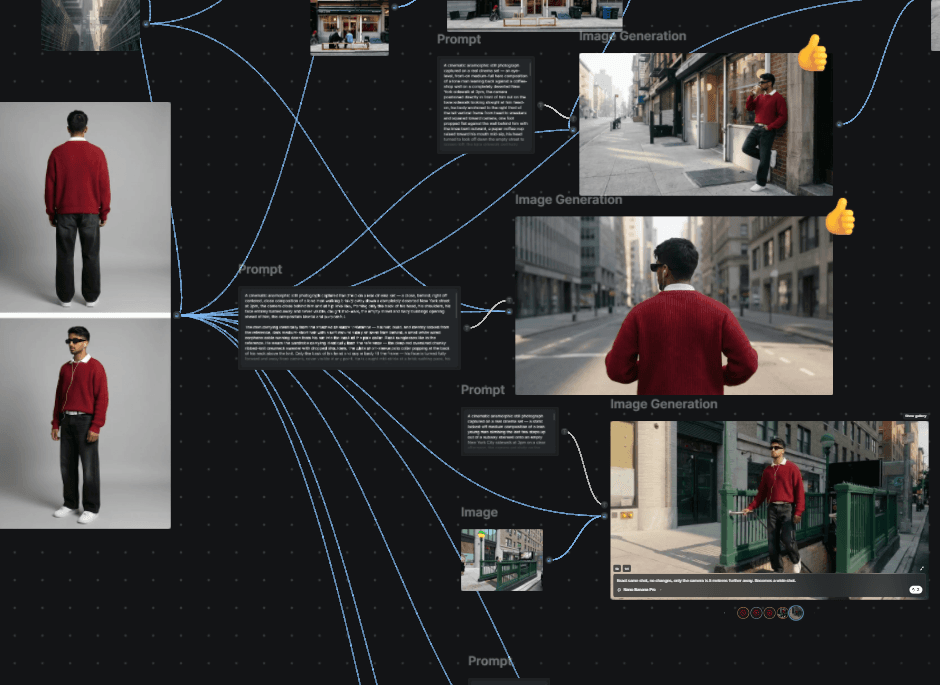 Higgsfield canvas: the character reference feeding a fan of prompts and generated stills