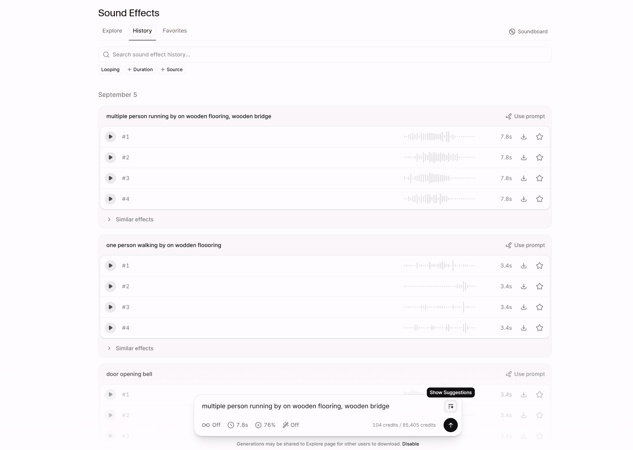 ElevenLabs sound effect history: footsteps, doors and ambience generated per shot