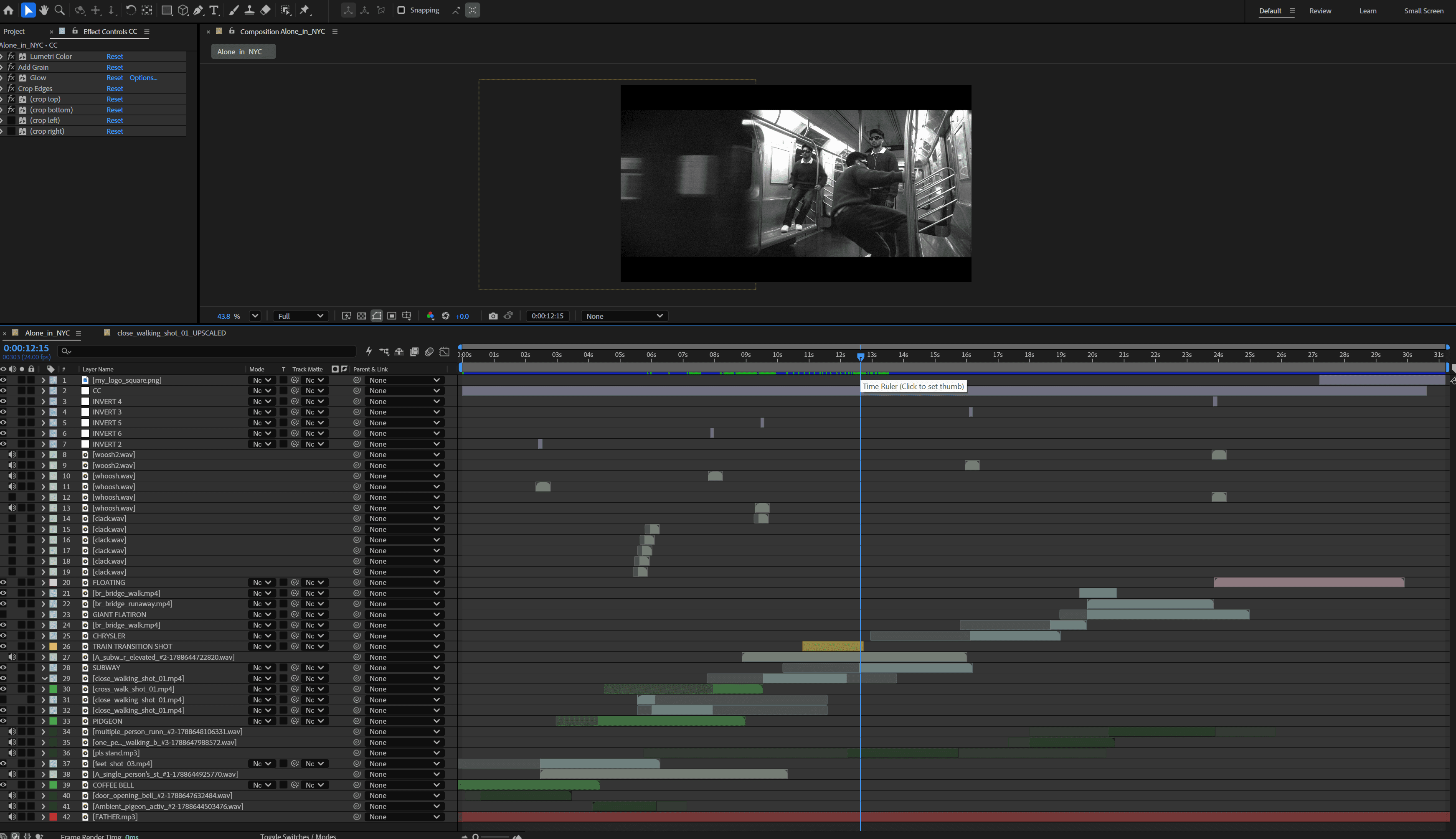 The After Effects timeline: shot layers, one-framer transitions, and the generated SFX stack